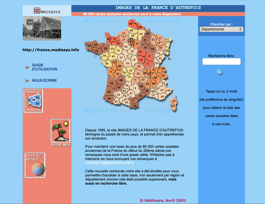 Page d'accueil du site Images de la France d'Autrefois, avril 2001, avec carte de France par département